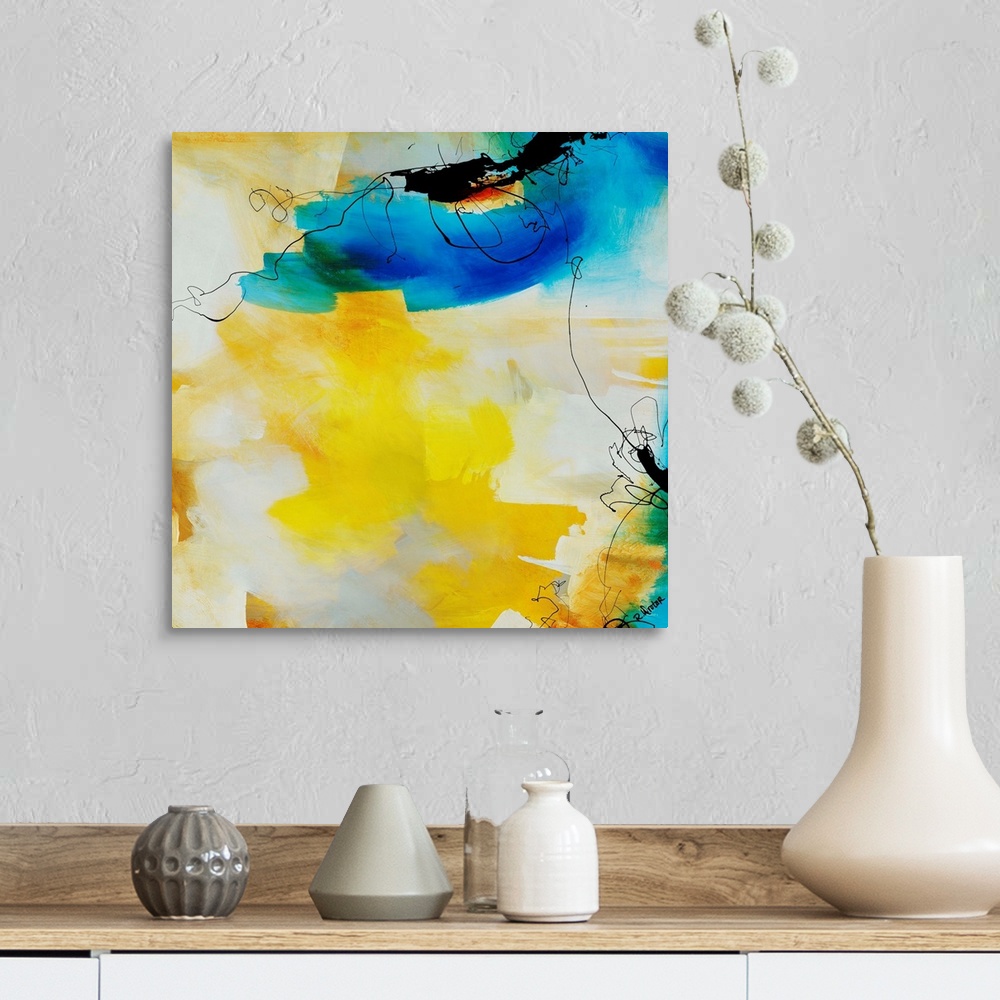 A farmhouse room featuring Abstract painting of fluid black lines overtop of vibrant yellow and blue brushstrokes.