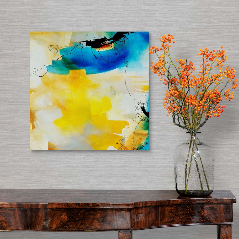 A traditional room featuring Abstract painting of fluid black lines overtop of vibrant yellow and blue brushstrokes.