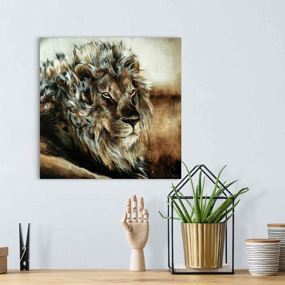 A bohemian room featuring Oversized, square, fine art painting of the upper half of a male lion, using wispy brush strokes.