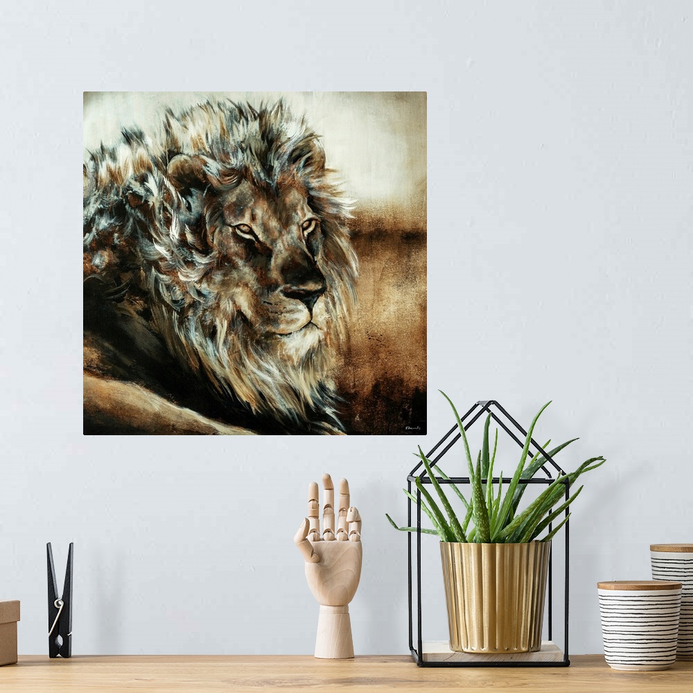 A bohemian room featuring Oversized, square, fine art painting of the upper half of a male lion, using wispy brush strokes.