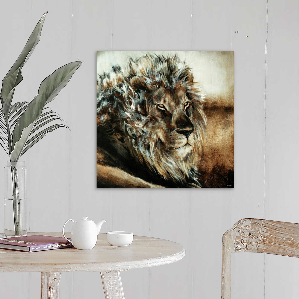 A farmhouse room featuring Oversized, square, fine art painting of the upper half of a male lion, using wispy brush strokes.