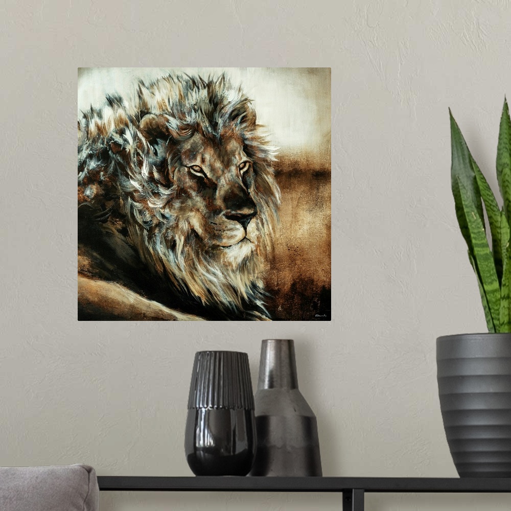 A modern room featuring Oversized, square, fine art painting of the upper half of a male lion, using wispy brush strokes.