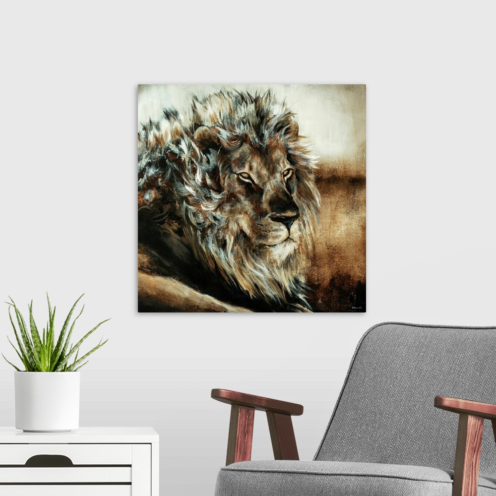 A modern room featuring Oversized, square, fine art painting of the upper half of a male lion, using wispy brush strokes.