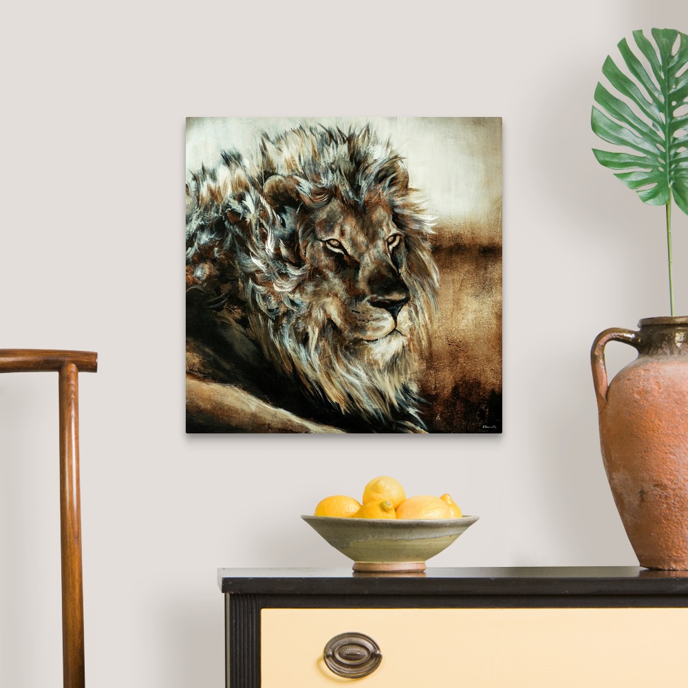 A traditional room featuring Oversized, square, fine art painting of the upper half of a male lion, using wispy brush strokes.