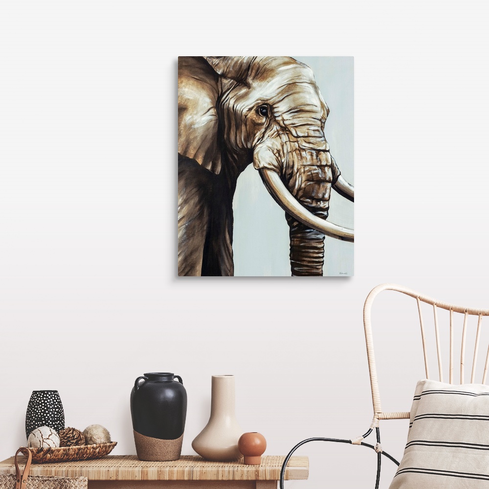 A farmhouse room featuring Painted brown and gray portrait of an elephant.