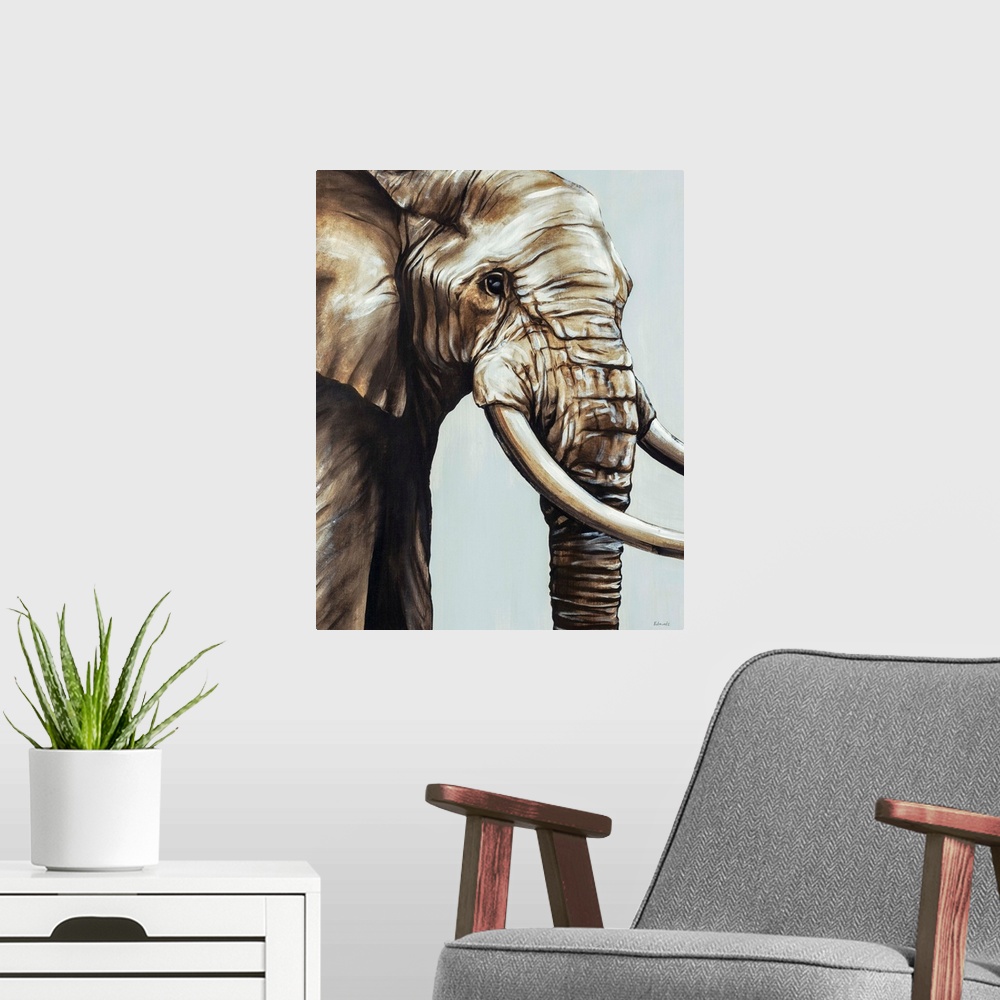 A modern room featuring Painted brown and gray portrait of an elephant.