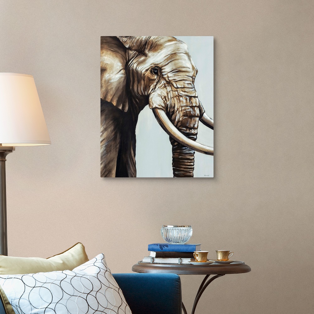 A traditional room featuring Painted brown and gray portrait of an elephant.