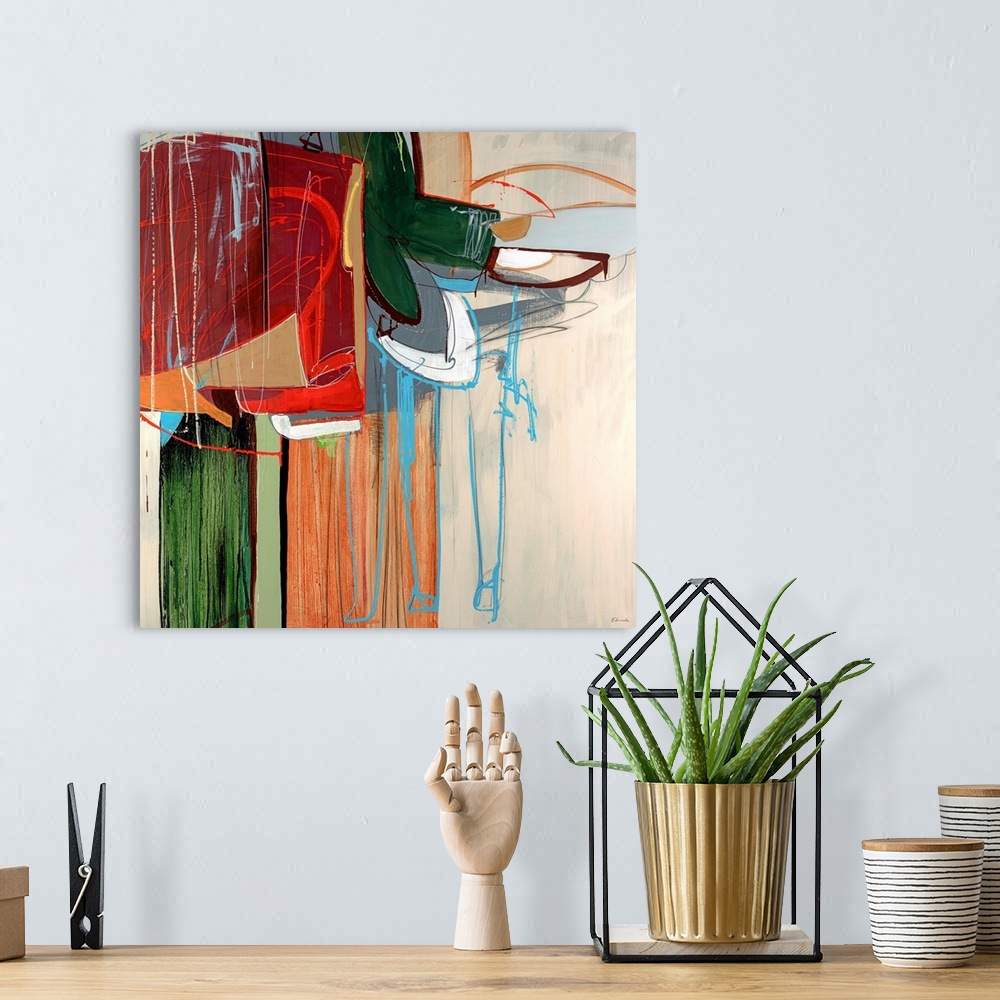 A bohemian room featuring Square, large abstract art of brushed vertical lines in the background, on top in a variety of co...
