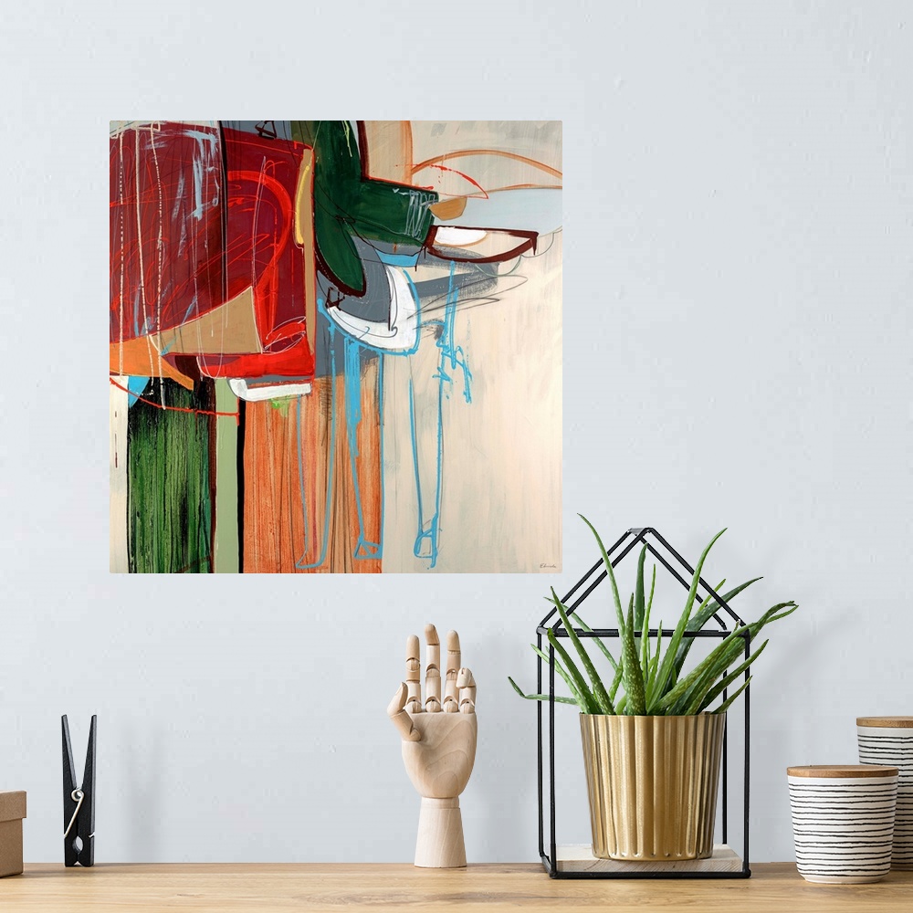 A bohemian room featuring Square, large abstract art of brushed vertical lines in the background, on top in a variety of co...