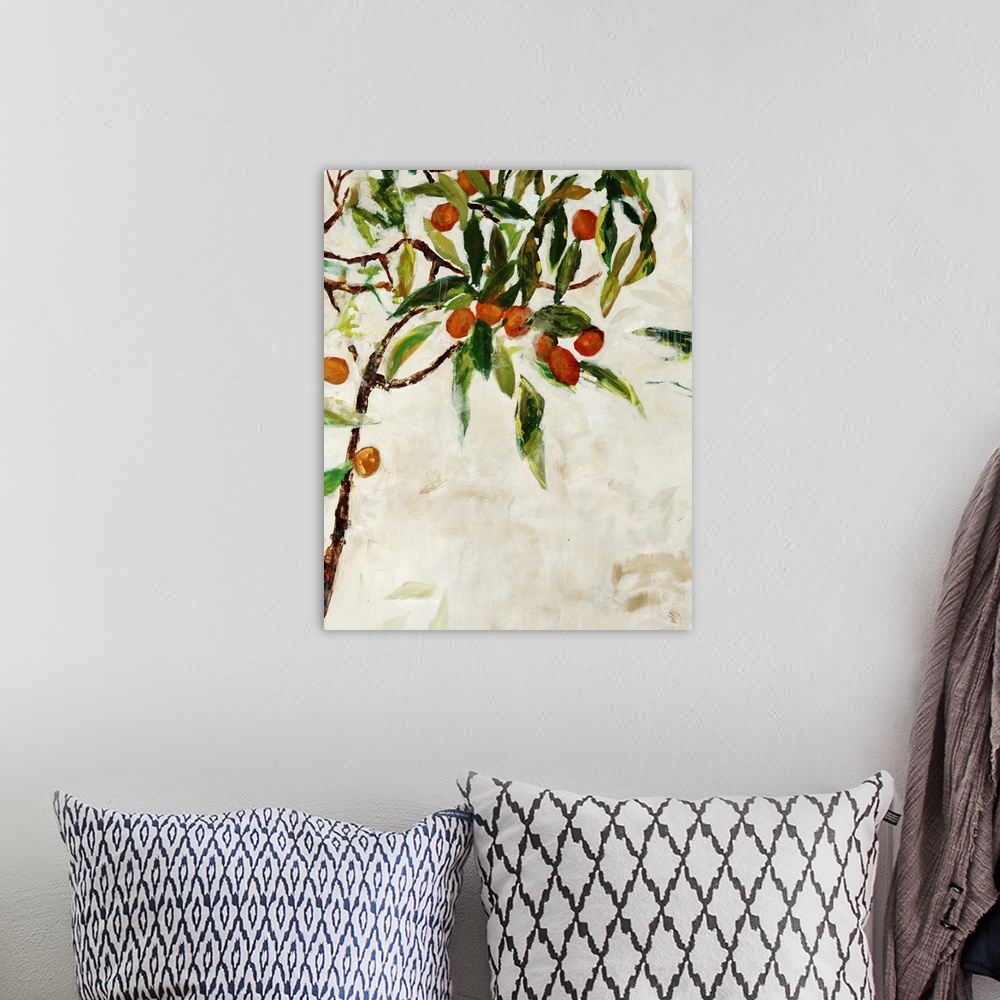 A bohemian room featuring Contemporary painting of a kumquat tree over a neutral background.