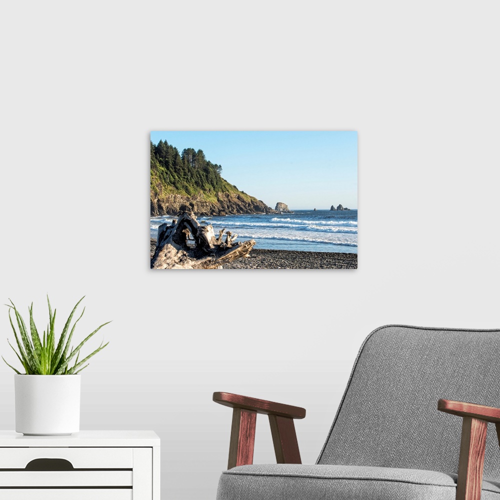 A modern room featuring Vibrant photograph of the shore at La Push Beach in Washington.
