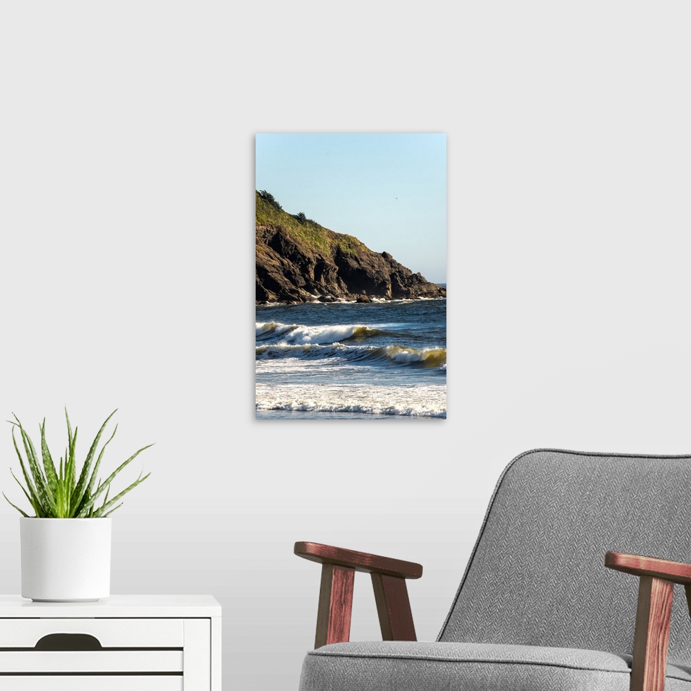 A modern room featuring Landscape photograph of the rocky cliffs at La Push Beach, Washington.