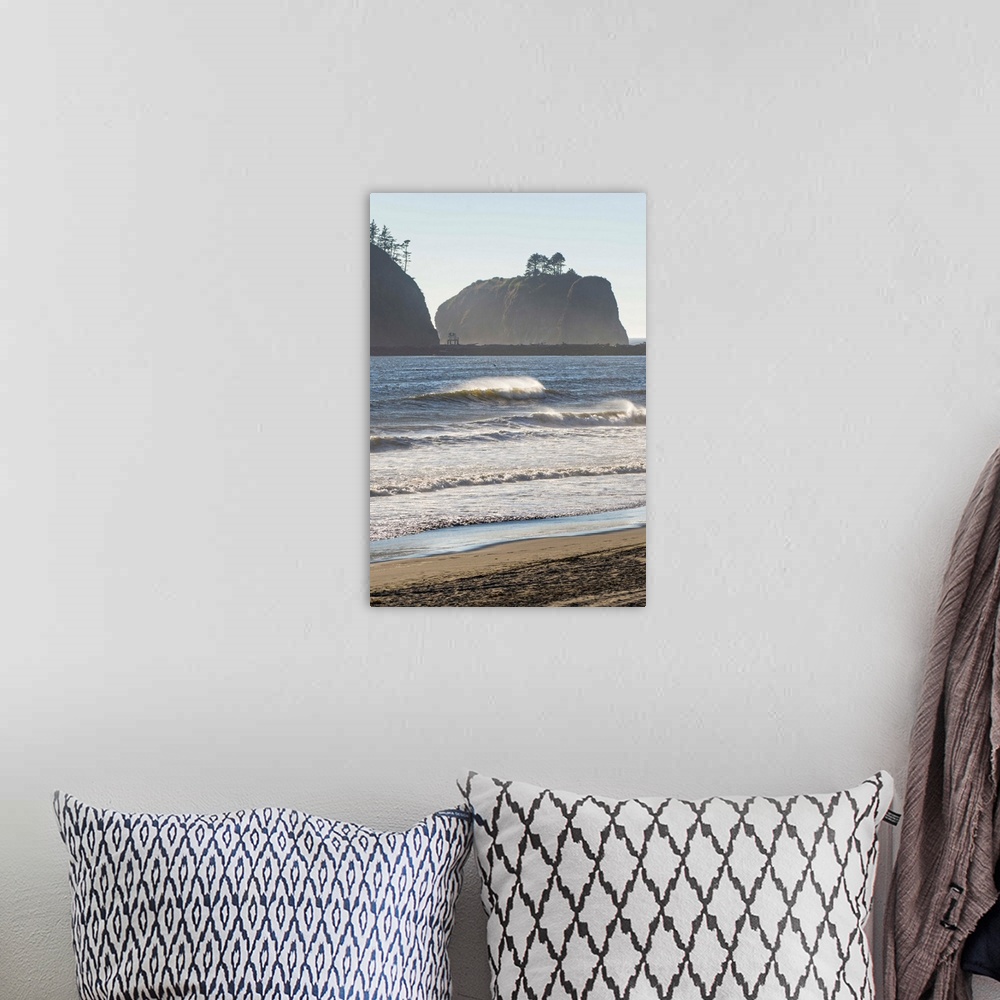 A bohemian room featuring Landscape photograph of waves crashing on the shore in La Push, Washington, with rocky cliffs in ...