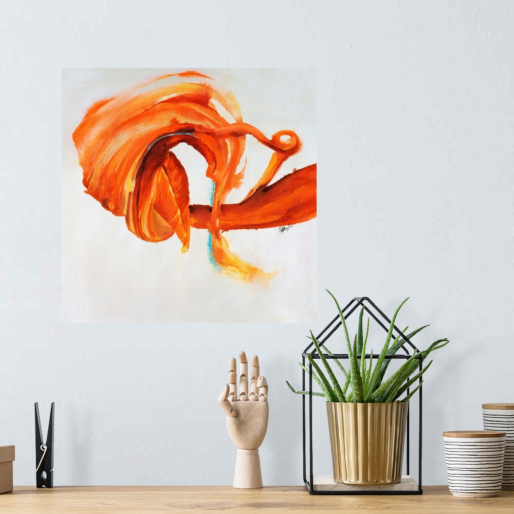 A bohemian room featuring Contemporary painting of an energetic form painting in various shades from tangerine to cool oran...