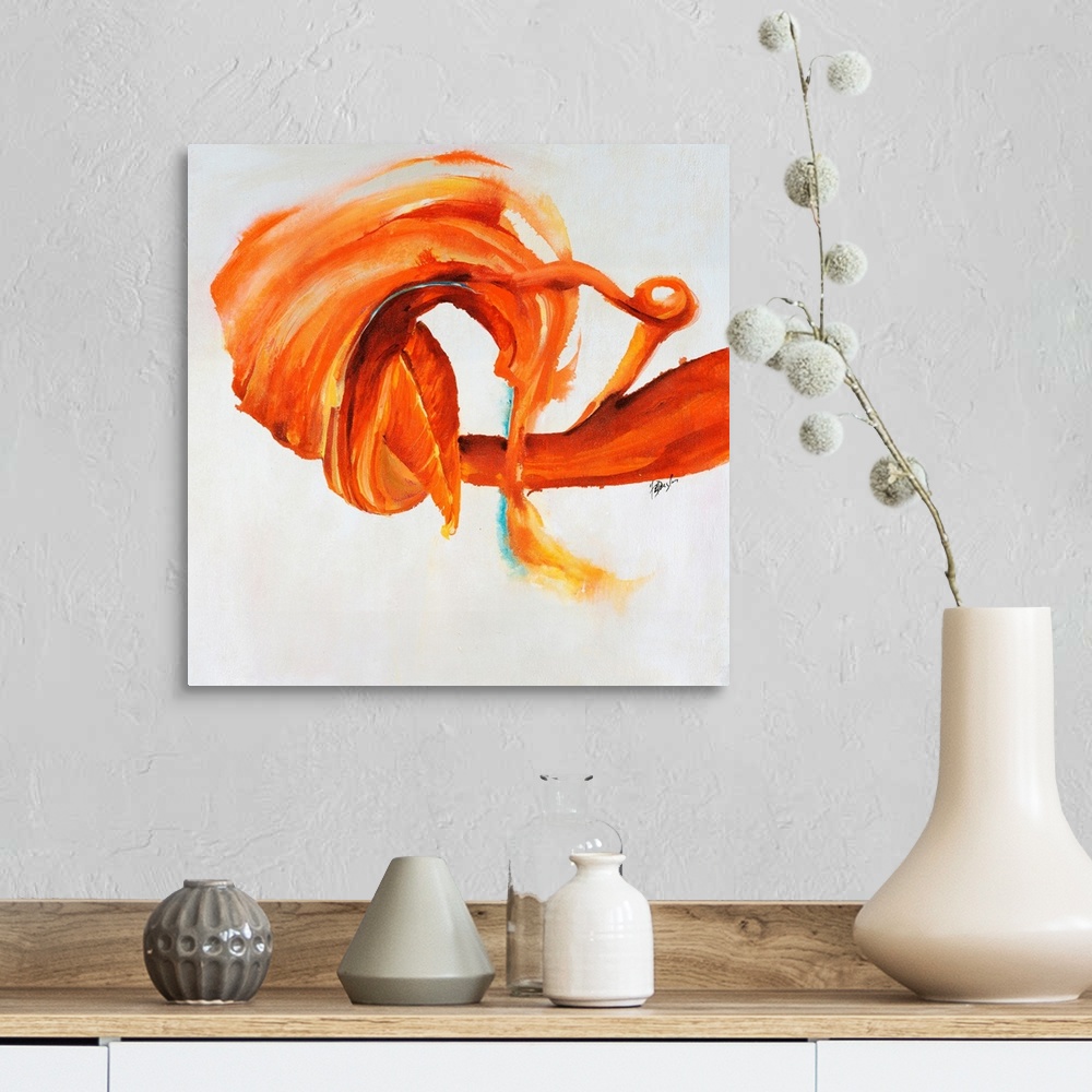 A farmhouse room featuring Contemporary painting of an energetic form painting in various shades from tangerine to cool oran...
