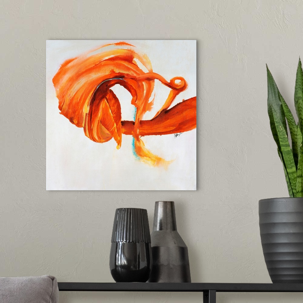 A modern room featuring Contemporary painting of an energetic form painting in various shades from tangerine to cool oran...