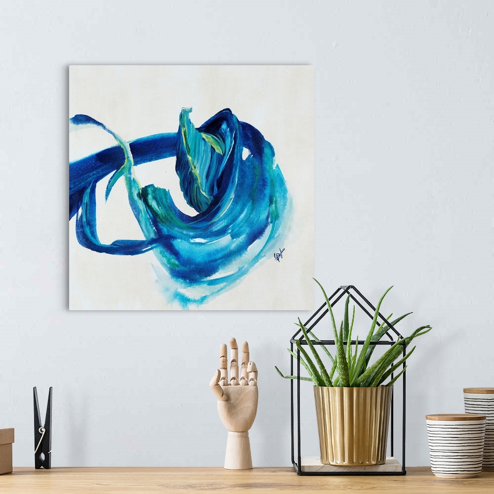 A bohemian room featuring Contemporary painting of an energetic form painting in various shades of blue with hints of yello...
