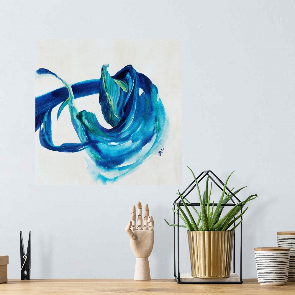 A bohemian room featuring Contemporary painting of an energetic form painting in various shades of blue with hints of yello...
