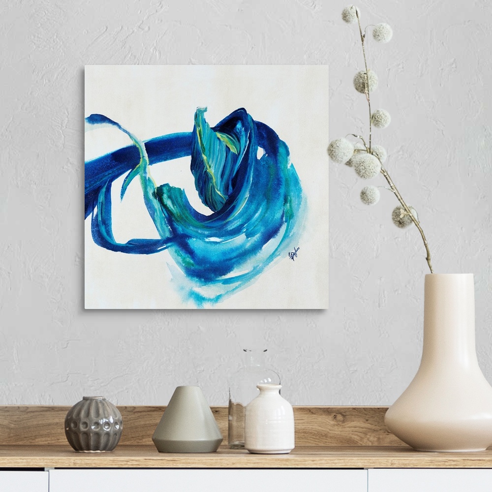 A farmhouse room featuring Contemporary painting of an energetic form painting in various shades of blue with hints of yello...