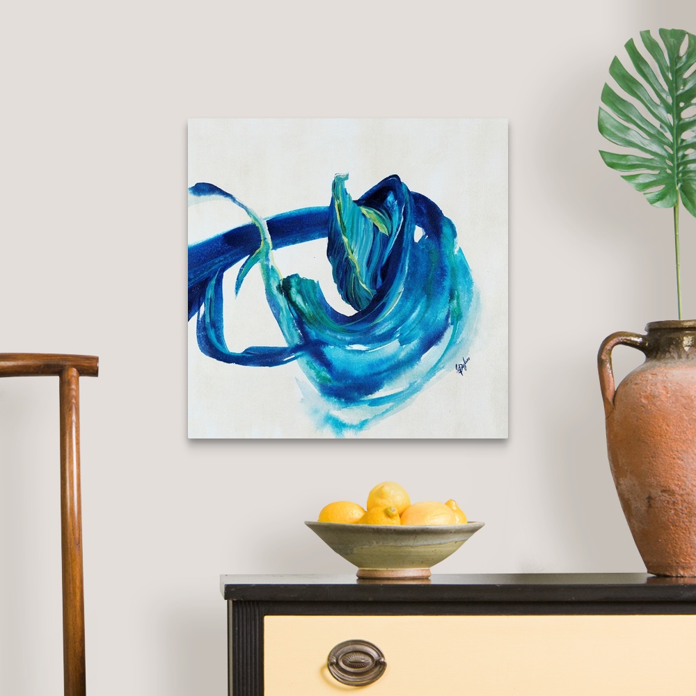A traditional room featuring Contemporary painting of an energetic form painting in various shades of blue with hints of yello...