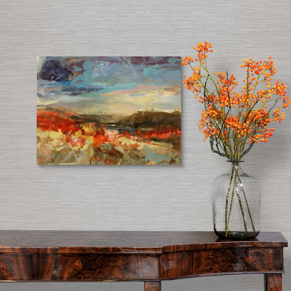 A traditional room featuring A landscape painting of mountains a river with abstract styling.