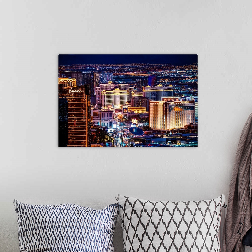 A bohemian room featuring View of hotels and casinos near Las Vegas strip in Nevada at night.