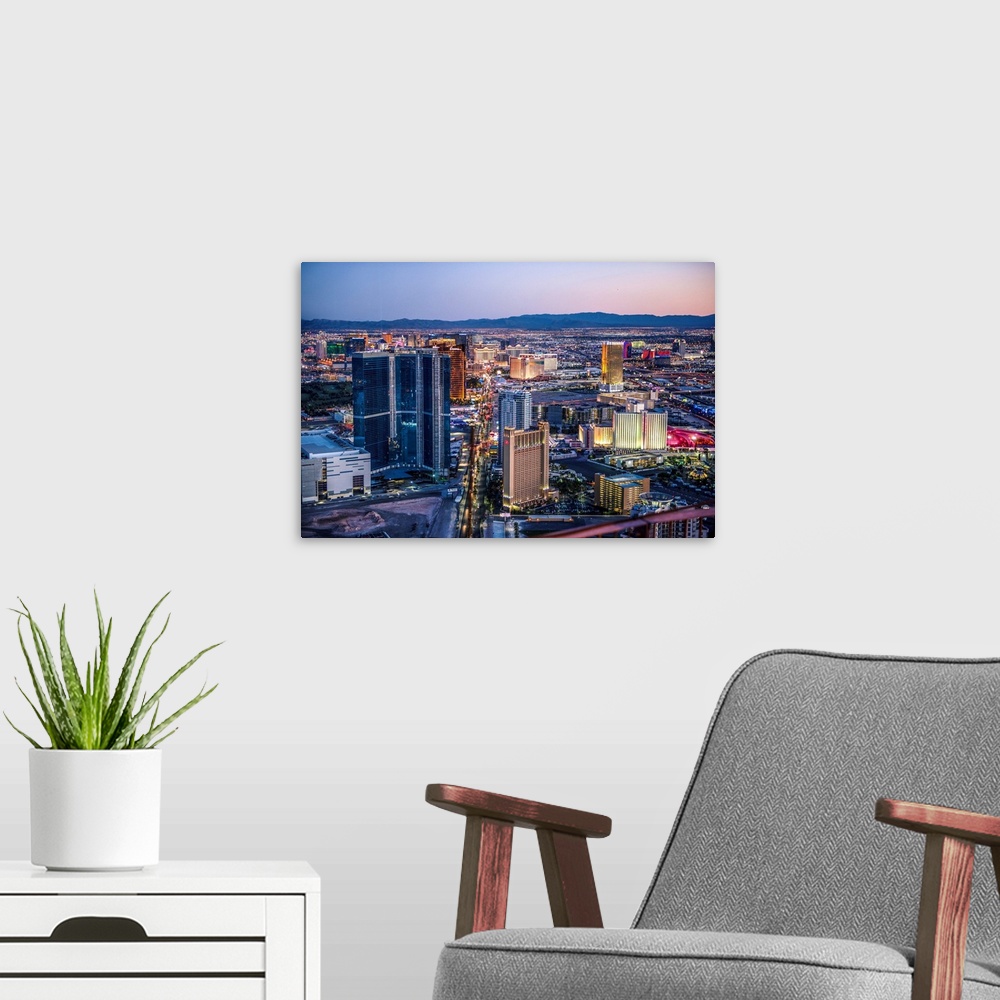 A modern room featuring View of hotels and casinos near Las Vegas strip in Nevada.