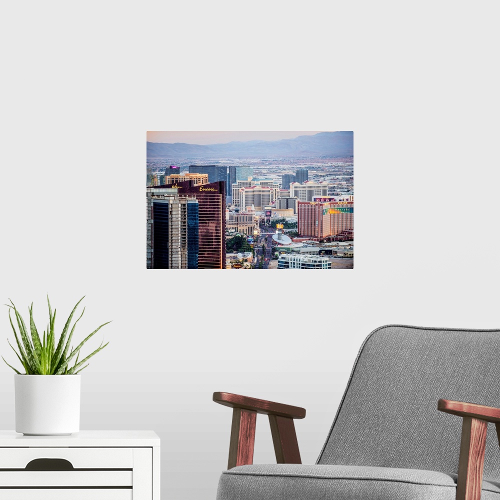 A modern room featuring View of hotels and casinos near Las Vegas strip in Nevada.