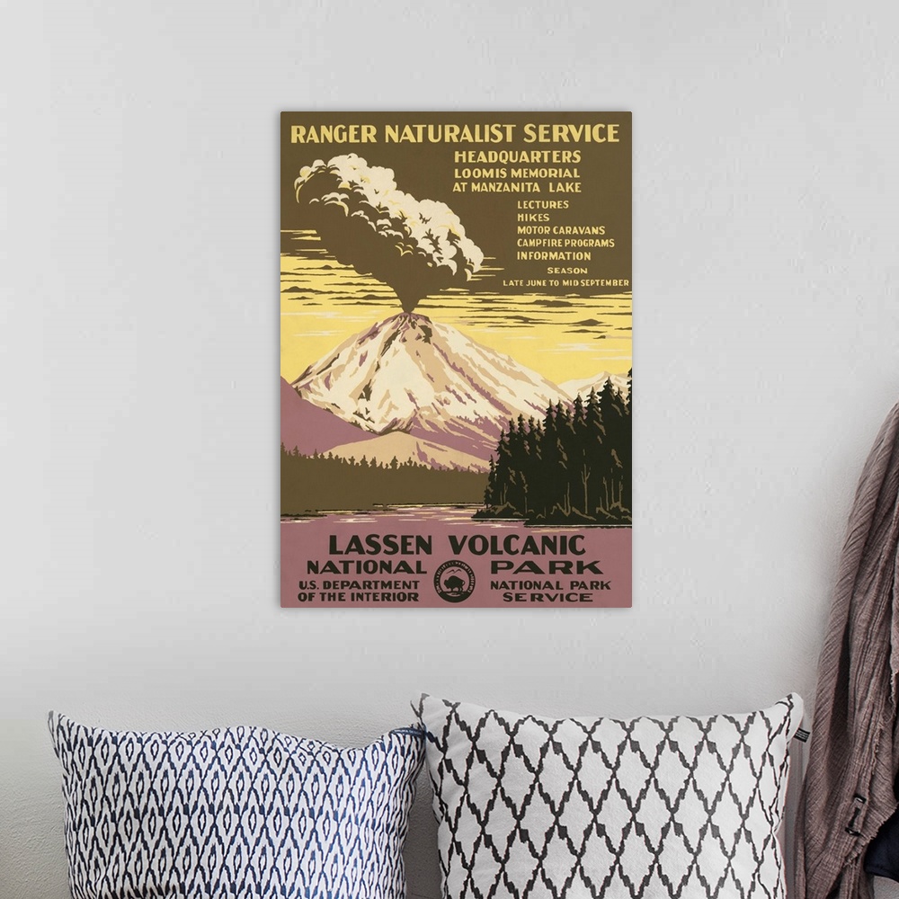 A bohemian room featuring Lassen Volcanic National Park, Ranger Naturalist Service. Poster shows Lassen Peak errupting. Lib...