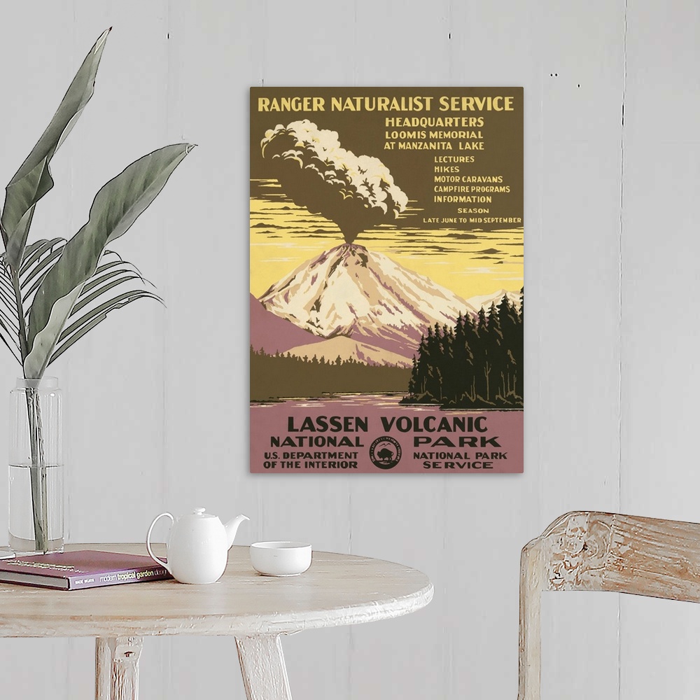 A farmhouse room featuring Lassen Volcanic National Park, Ranger Naturalist Service. Poster shows Lassen Peak errupting. Lib...
