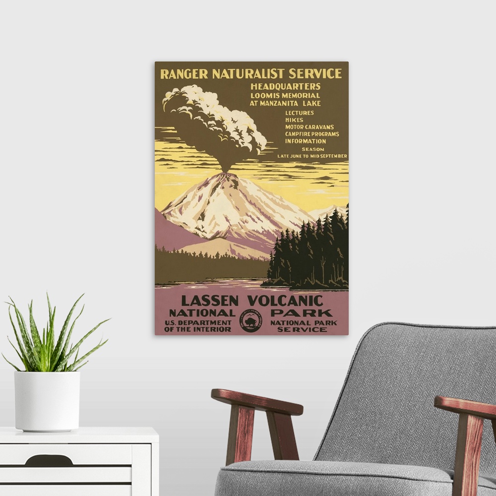 A modern room featuring Lassen Volcanic National Park, Ranger Naturalist Service. Poster shows Lassen Peak errupting. Lib...