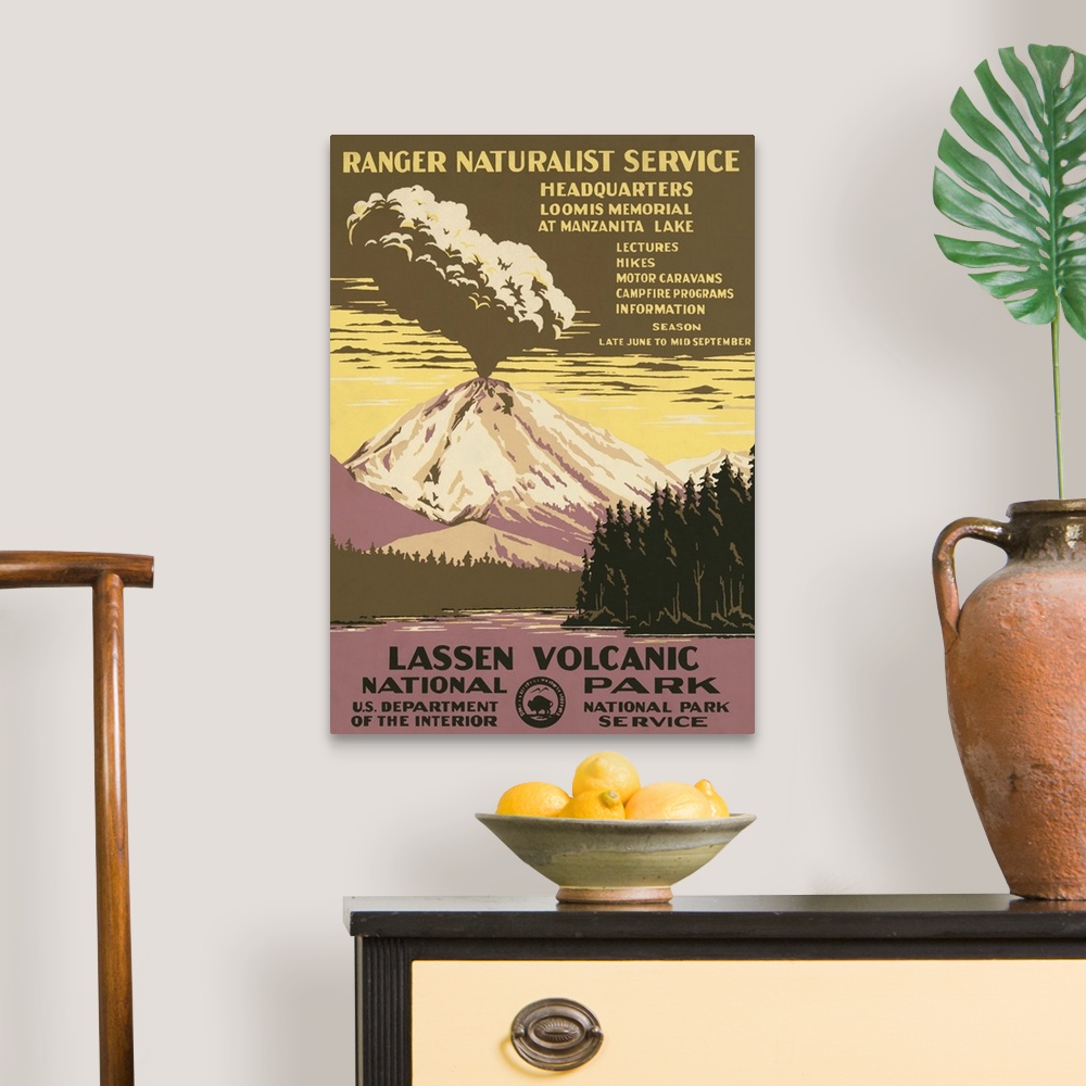 A traditional room featuring Lassen Volcanic National Park, Ranger Naturalist Service. Poster shows Lassen Peak errupting. Lib...
