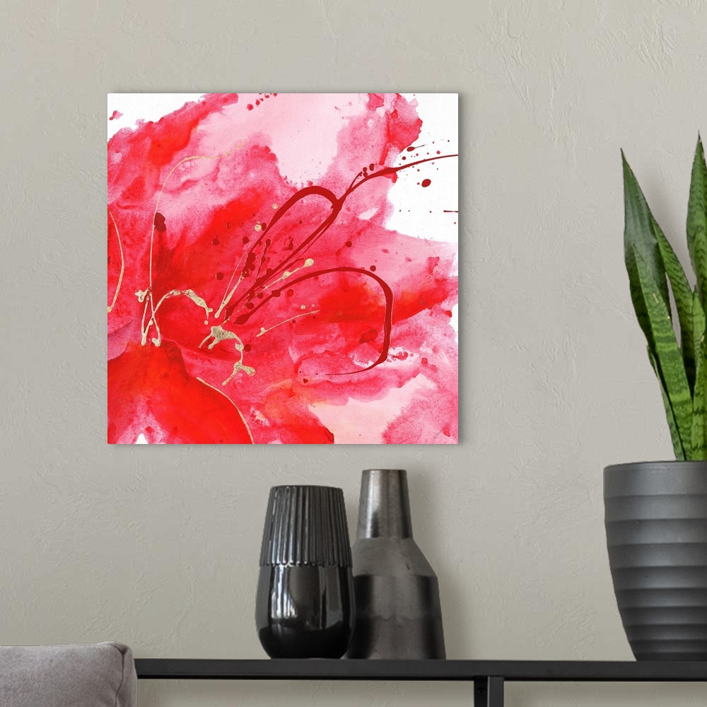 A modern room featuring Contemporary abstract painting using a splash of vibrant red against a white background.