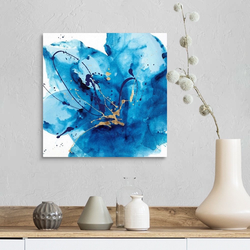 A farmhouse room featuring Contemporary abstract painting using a splash of vibrant blue against a white background.