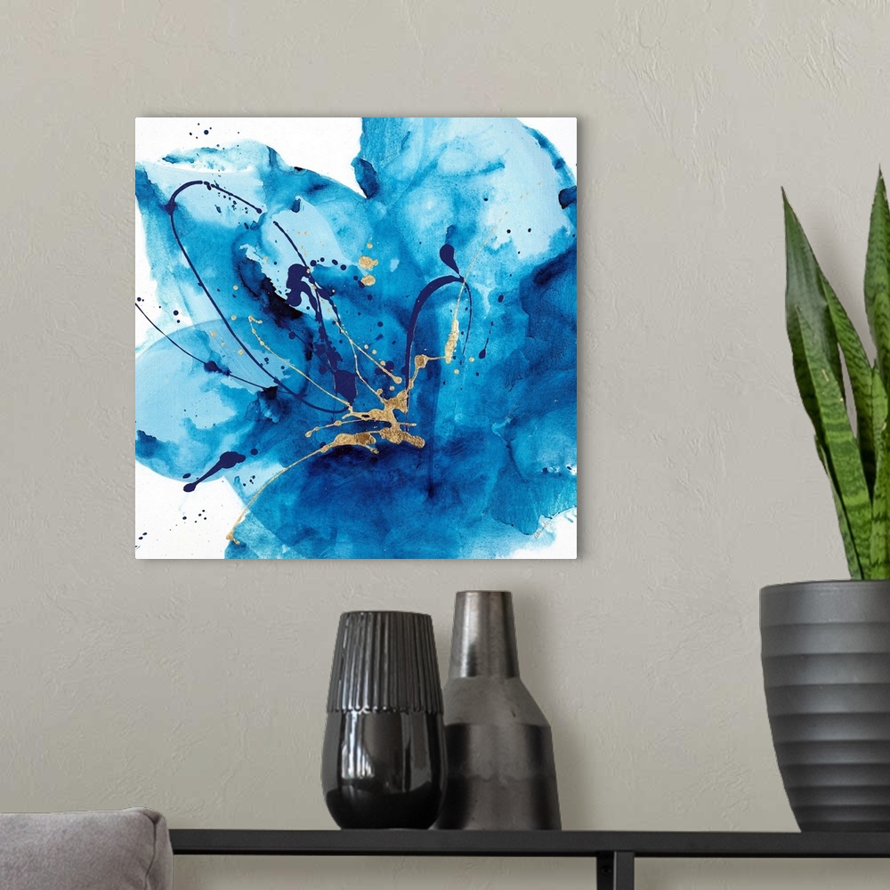 A modern room featuring Contemporary abstract painting using a splash of vibrant blue against a white background.