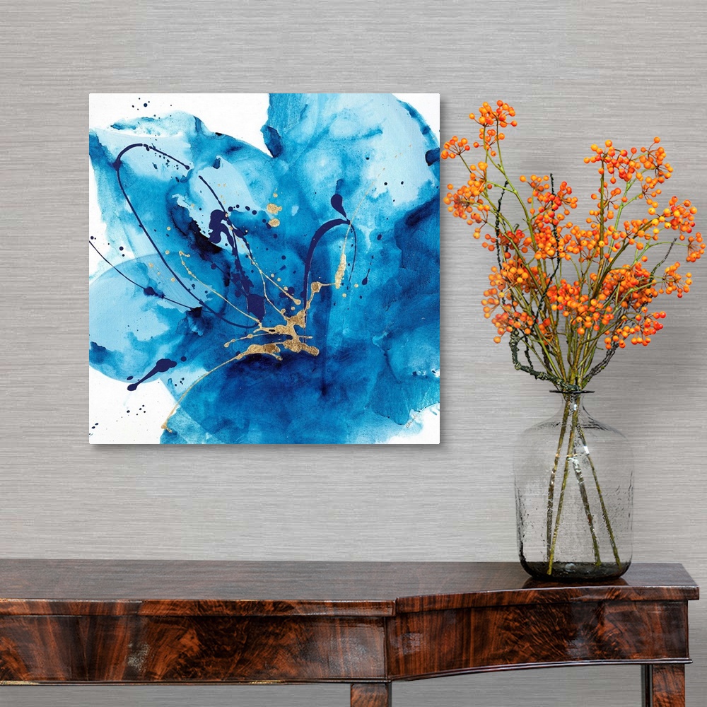 A traditional room featuring Contemporary abstract painting using a splash of vibrant blue against a white background.