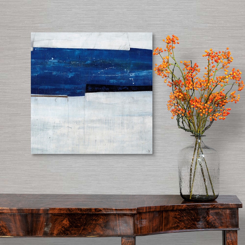 A traditional room featuring Abstract painting of a navy blue strip over a cool, gray-blue background.