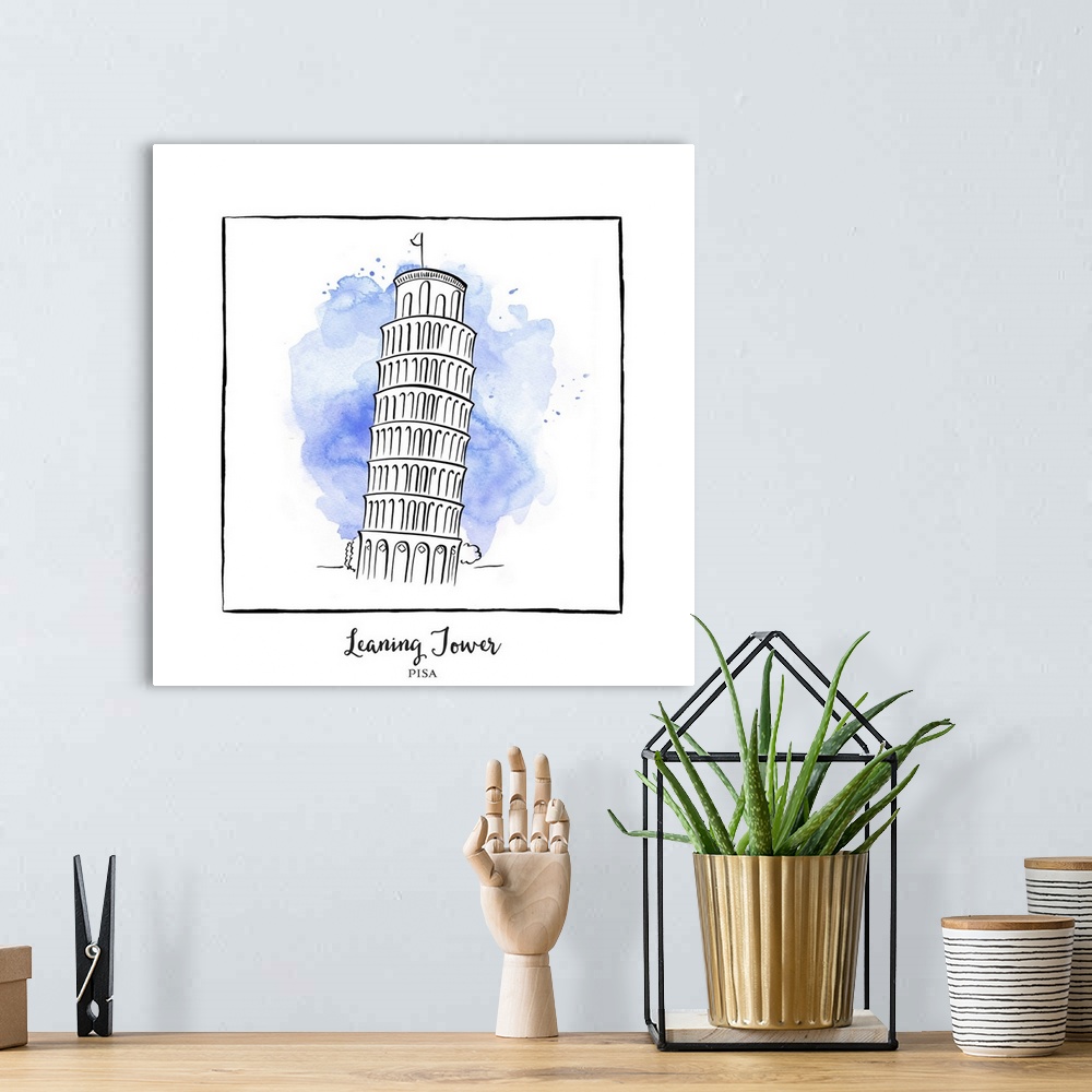 A bohemian room featuring An ink illustration of the Leaning Tower of Pisa, Italy, with a blue watercolor wash.