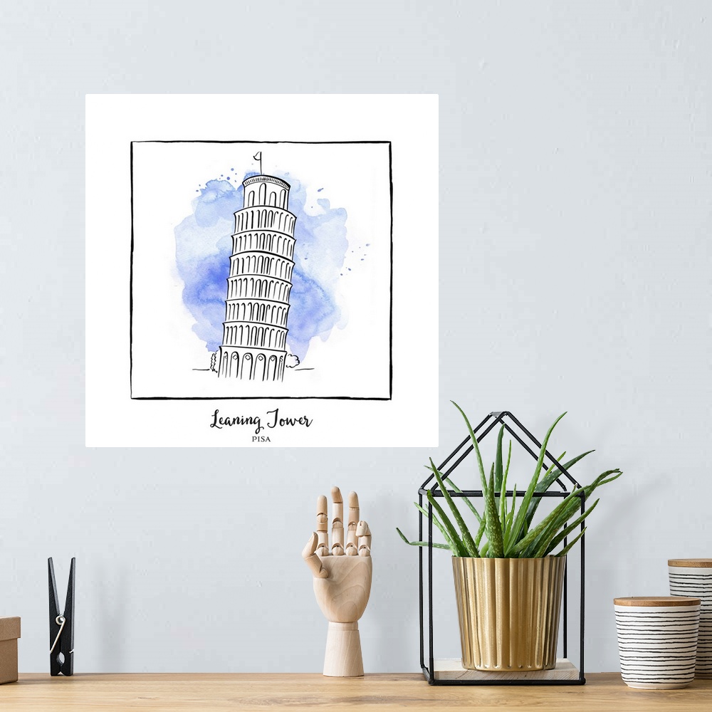 A bohemian room featuring An ink illustration of the Leaning Tower of Pisa, Italy, with a blue watercolor wash.