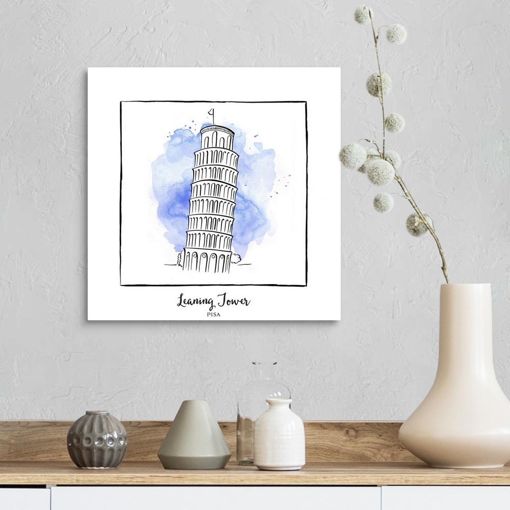 A farmhouse room featuring An ink illustration of the Leaning Tower of Pisa, Italy, with a blue watercolor wash.