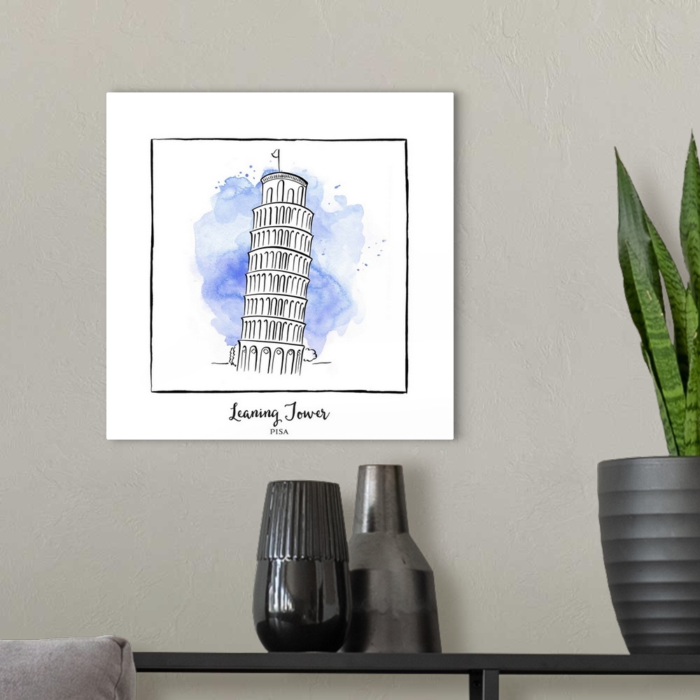 A modern room featuring An ink illustration of the Leaning Tower of Pisa, Italy, with a blue watercolor wash.