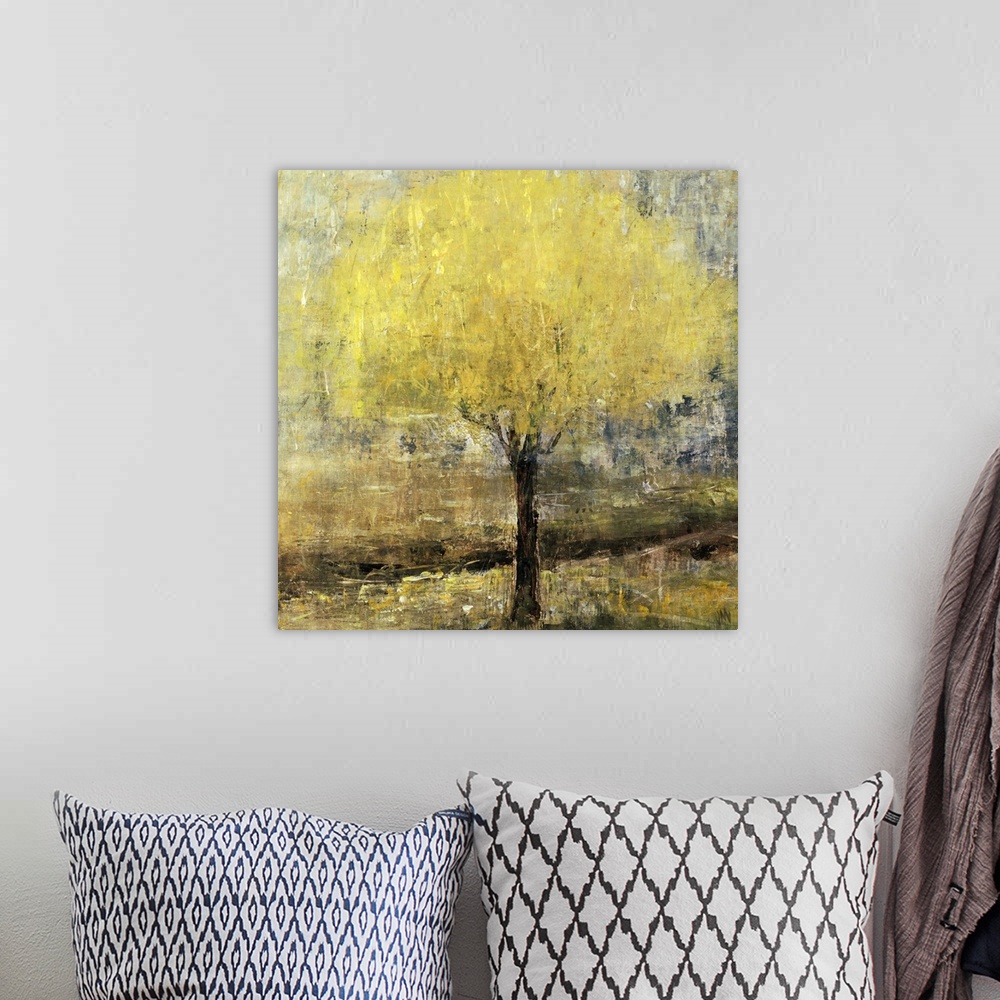 A bohemian room featuring Abstracted landscape painting of a lemon tree.