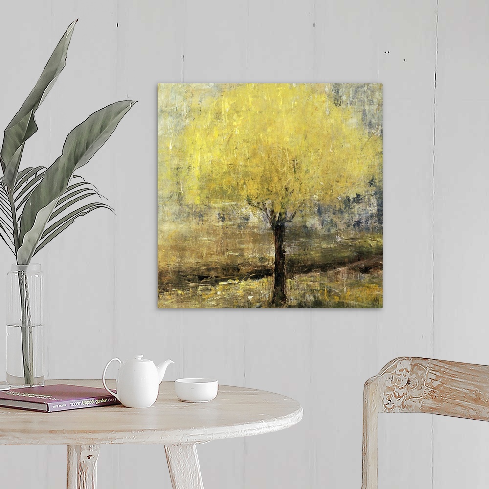 A farmhouse room featuring Abstracted landscape painting of a lemon tree.