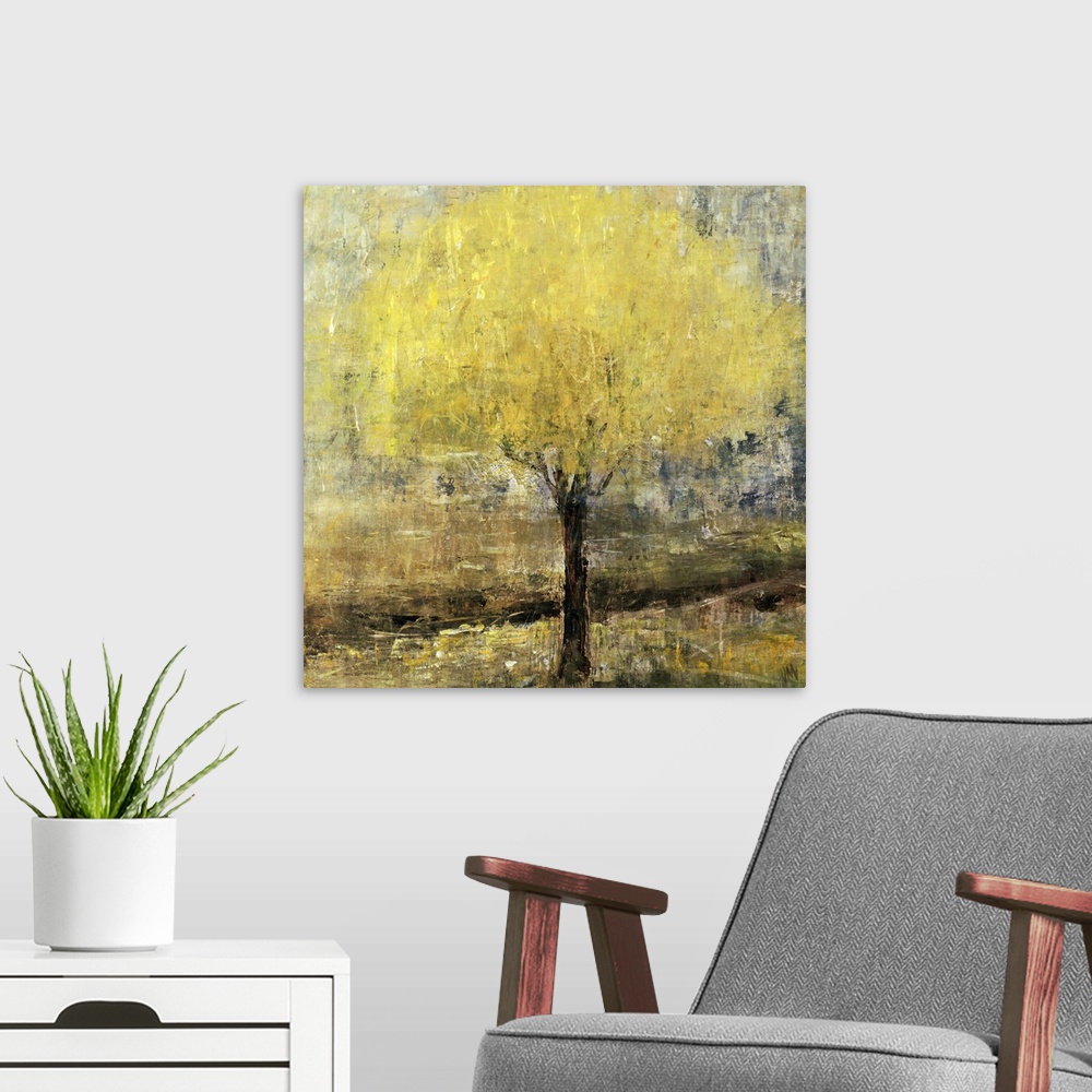 A modern room featuring Abstracted landscape painting of a lemon tree.