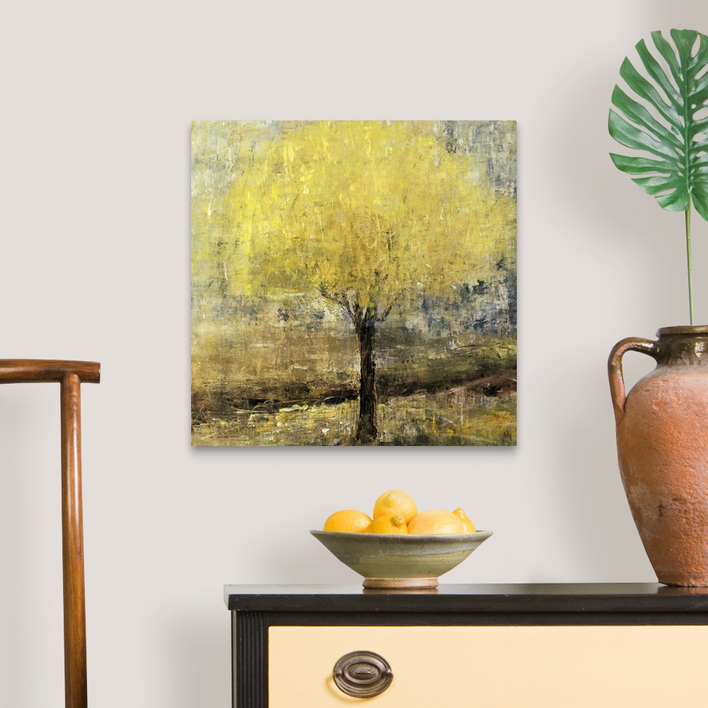 A traditional room featuring Abstracted landscape painting of a lemon tree.