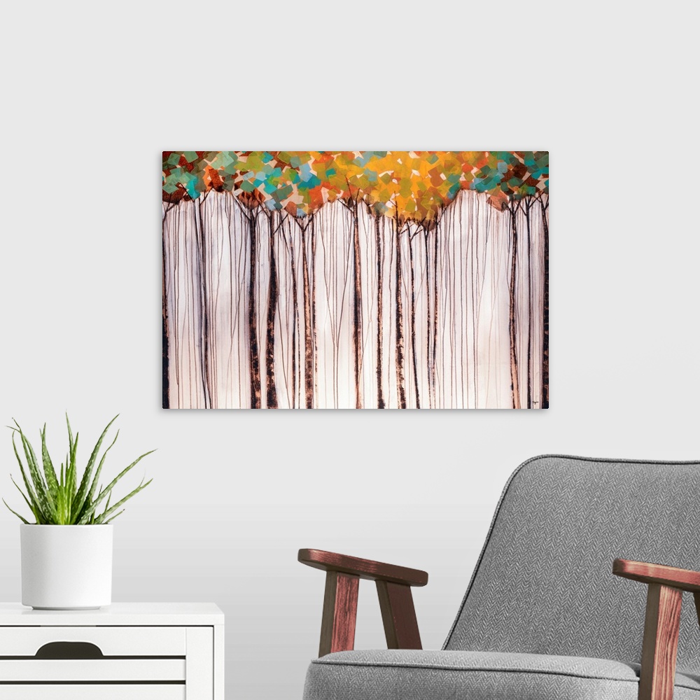 A modern room featuring Huge contemporary art of a forest filled with lots of trees. The artist uses a lot of squares and...