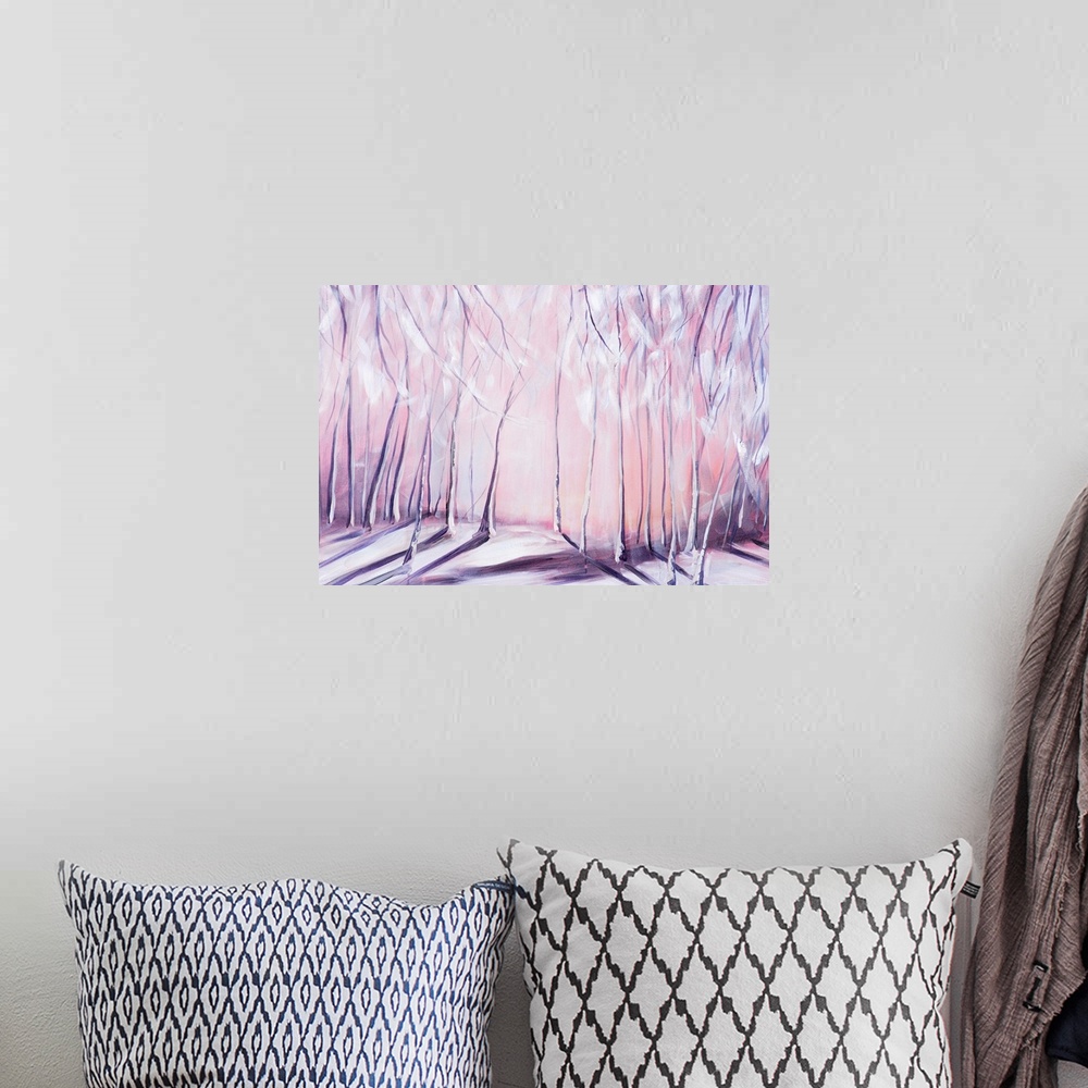 A bohemian room featuring Contemporary painting of a forest in the winter in lavender tones.