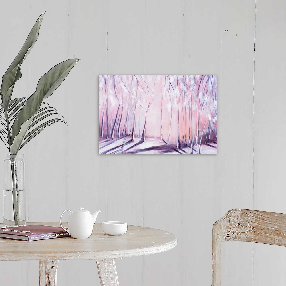 A farmhouse room featuring Contemporary painting of a forest in the winter in lavender tones.