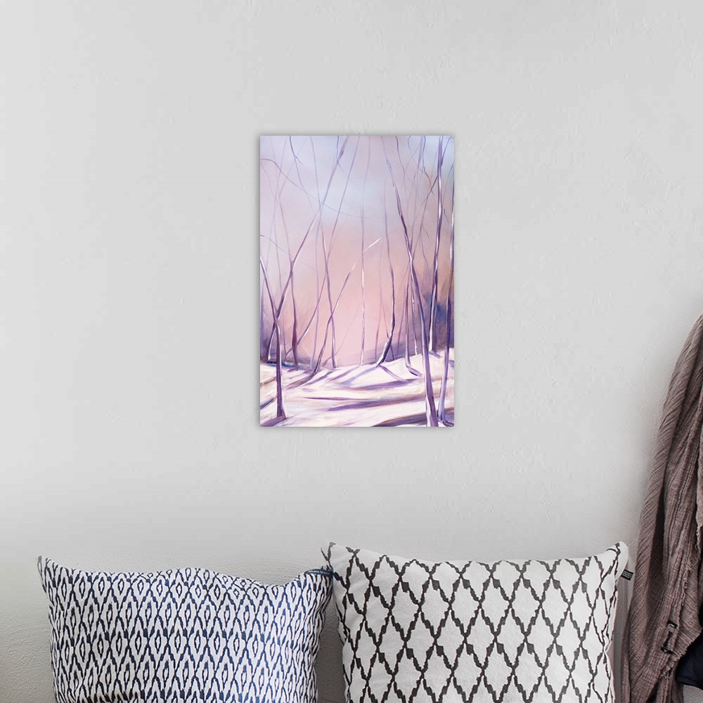 A bohemian room featuring Contemporary painting of a forest in the winter in lavender tones.