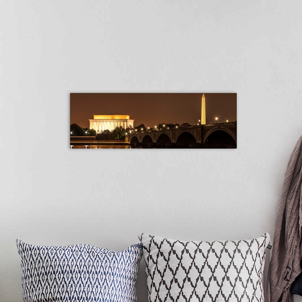 A bohemian room featuring Panoramic photograph of the Lincoln Memorial and Washington Monument lit up at night in Washingto...